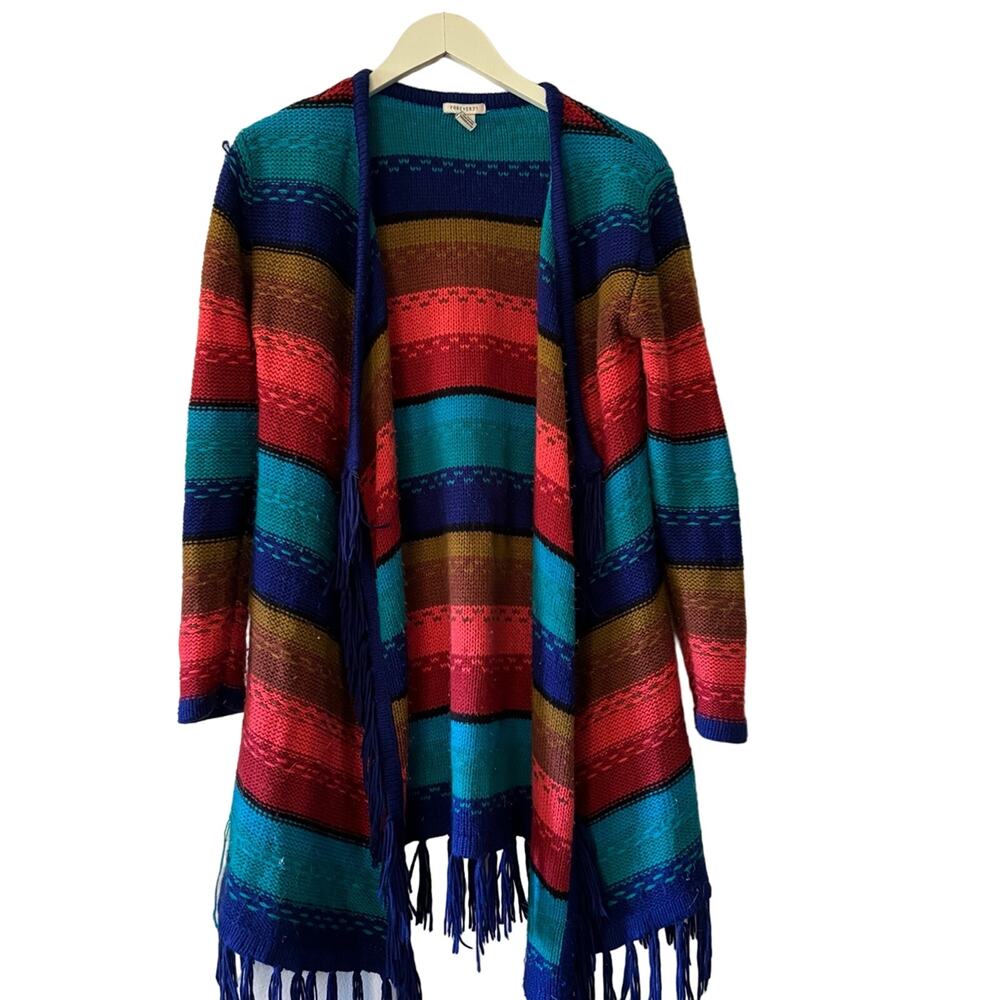 Forever 21 Rainbow Knit Cardigan Size L Fringe Trim Open Front Boho Sweater